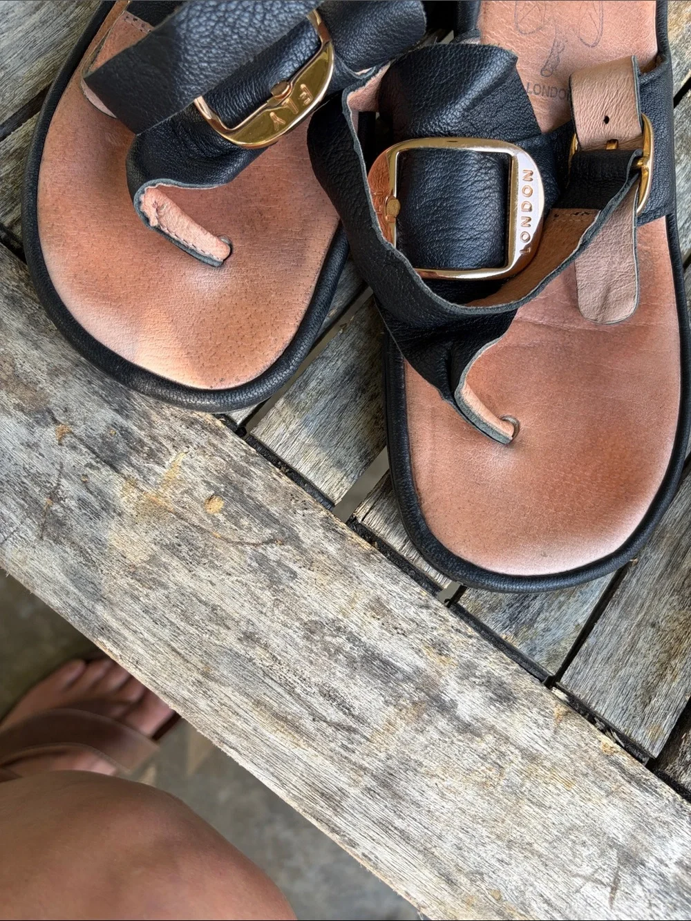 Fly London Black Leather T-Strap Sandals
